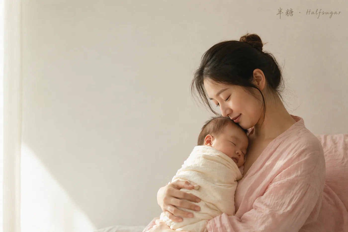 A mother holds her sleeping baby in soft morning light.